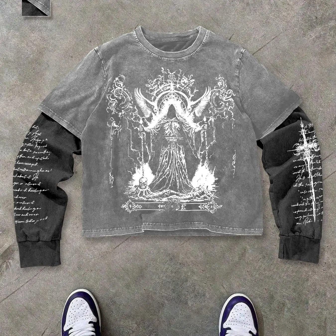 Men's Opium Style Acid Wash Double Layer Long Sleeve Crewneck T