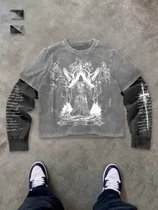 Men's Opium Style Acid Wash Double Layer Long Sleeve Crewneck T-Shirt - Gothic Reaper Graphic Print Tee with Script Sleeve Detail - Oversized Dark Aesthetic Casual Streetwear Top for Cyber Grunge Outfits Menswear