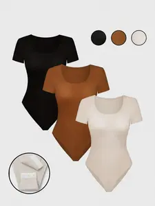 Women's Solid Square Neck Bodycon Bodysuit, Casual Comfy Short Sleeve Bodysuit for Daily Wear, Ladies Clothes for Summer