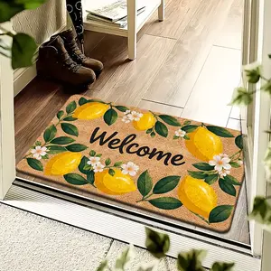 Summer Lemon Welcome Mat, Non-Slip Durable Farmhouse Style Porch Rug, Washable Fruit Floral Leaves Door Mat, Indoor Outdoor Home Decor