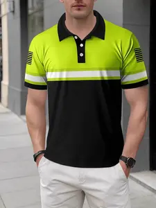 Men's Functional Style Fluorescent Colorblock Polo Shirt, Casual Fitted Short Sleeve T-Shirt, Geometric Pattern Workwear Tee