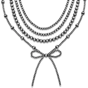 4pcs Western Navajo Pearl Necklace Set for Women Beaded Chain Bow Pendant Boho Long Layered Country Concert Jewelry