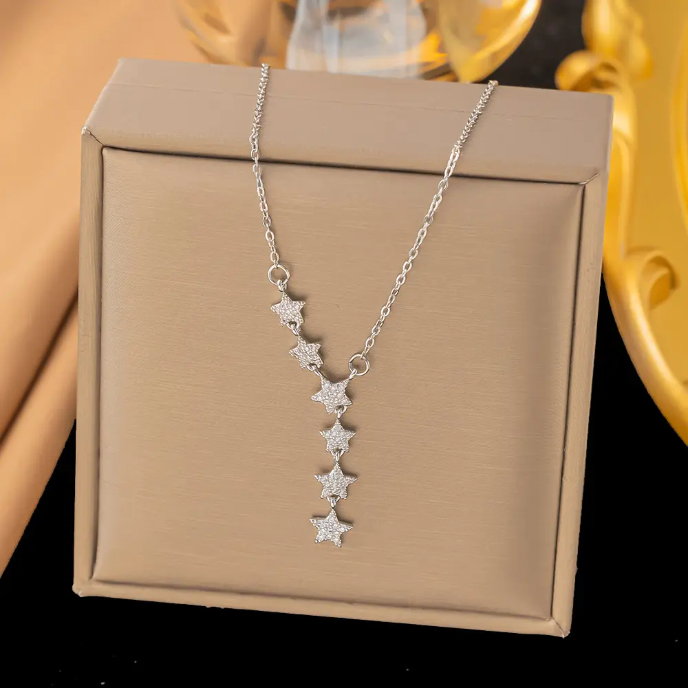 Dainty Lightweight Women's Gold Crystal Star Charm Pendant Necklace, Elegant Fashion Costume Jewelry Gift, Necklaces For Women, Gold Necklace Women