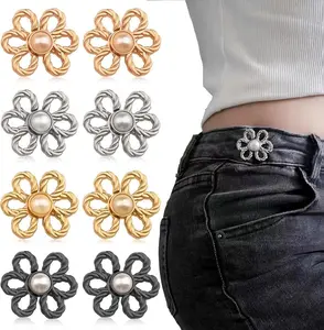 8 Sets Flower Jeans Button Pant Waist Tightener, Adjustable Waist Buckle Sets No Sew and No Tools Detachable Decorative Buckles, Jean Buttons Pins for Loose, Pants, Skirts, Sleeves