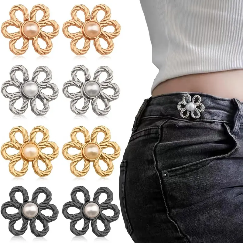 8 Sets Flower Jeans Button Pant Waist Tightener, Adjustable Waist Buckle Sets No Sew and No Tools Detachable Decorative Buckles, Jean Buttons Pins for Loose, Pants, Skirts, Sleeves