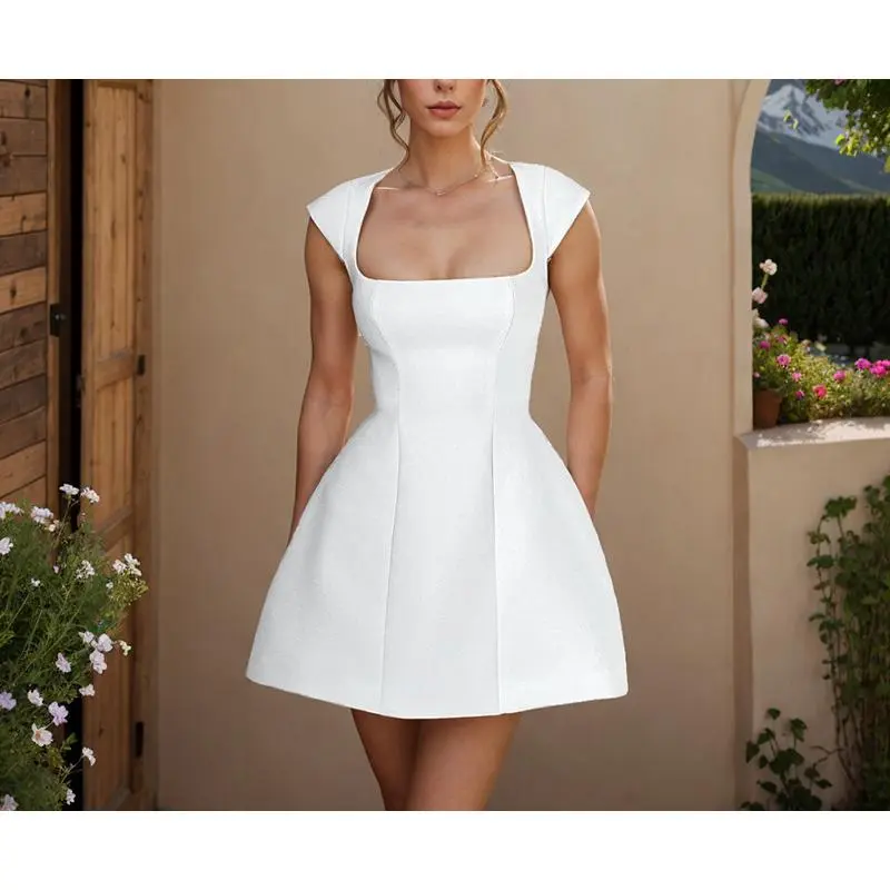 Women's T-neck Short Flutter Sleeve Waist-cinching A-line Elegant Dress Formal Womenswear Workwear Sleeveless Basic Black