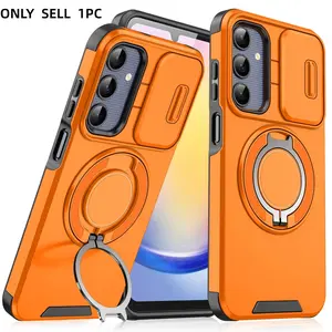 1pc Galaxy S25 S24 S23 Ultra Phone Case, Sliding Camera Cover, 360° Rotating Ring Stand, Magnetic Car Mount, Matte Shockproof Case