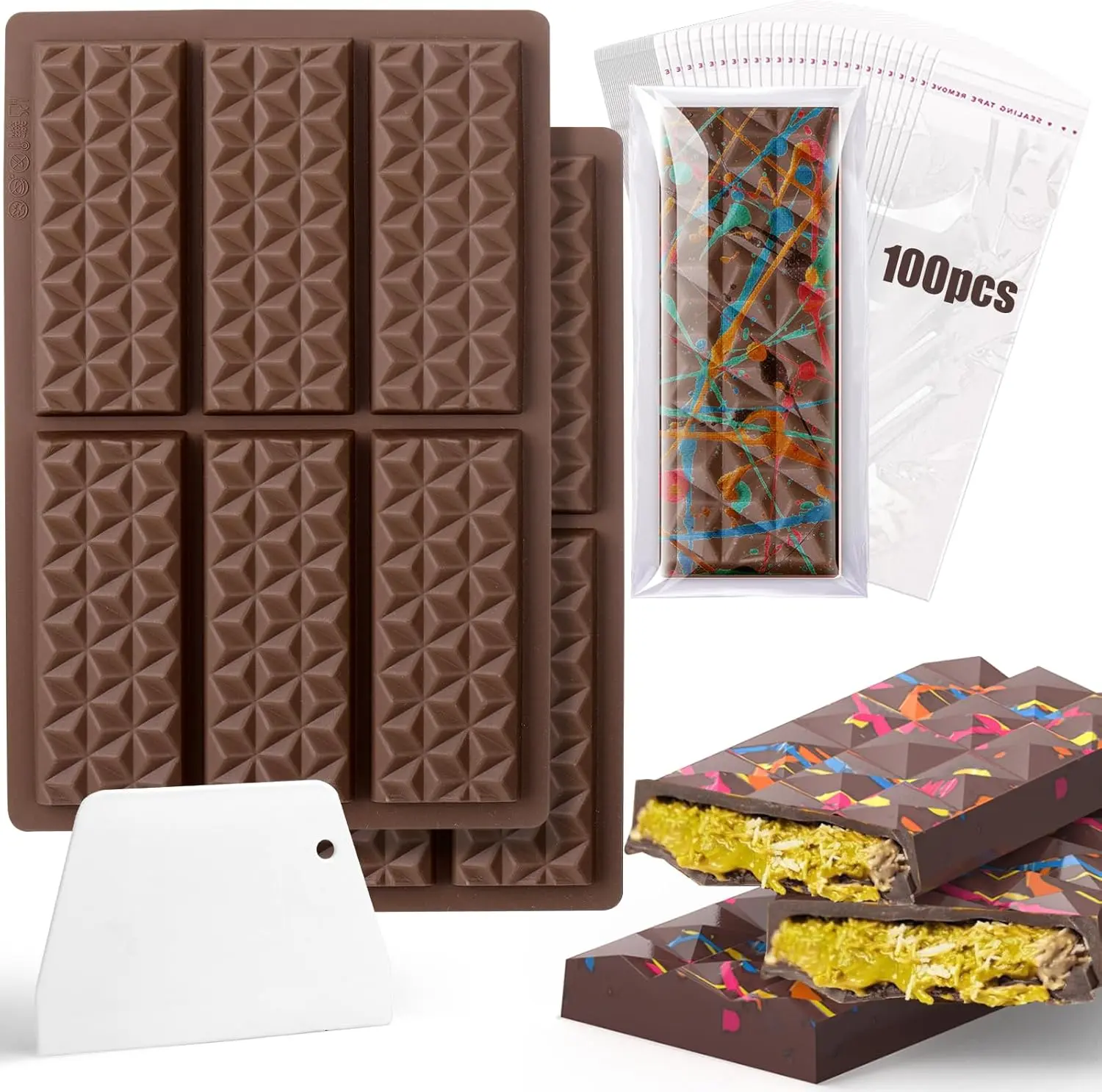 103 pcs chocolate mold set, including 2 pcs molds, 1 pcs scraper and 100 pcs packaging bags, diamond shaped chocolate block arranging mold, suitable for home baking, homemade chocolate, gifts, party Dim sum
