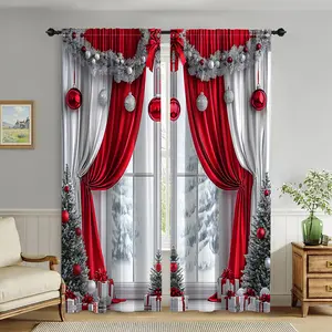2PCS Christmas decorative curtains, red and white curtains, golden decorative patterns, Christmas tree and gift patterns, pole-mouth polyester curtains, art Deco style, Home Decoration Curtain, suitable for living rooms and bedrooms