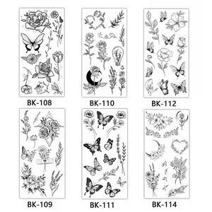 6pcs Black flower and butterfly personalized niche tattoo stickers for women, temporary DIY water transfer printing of flowers, branches and leaves, tattoos for girls, Tattoo For Beginners, back of hand body art
