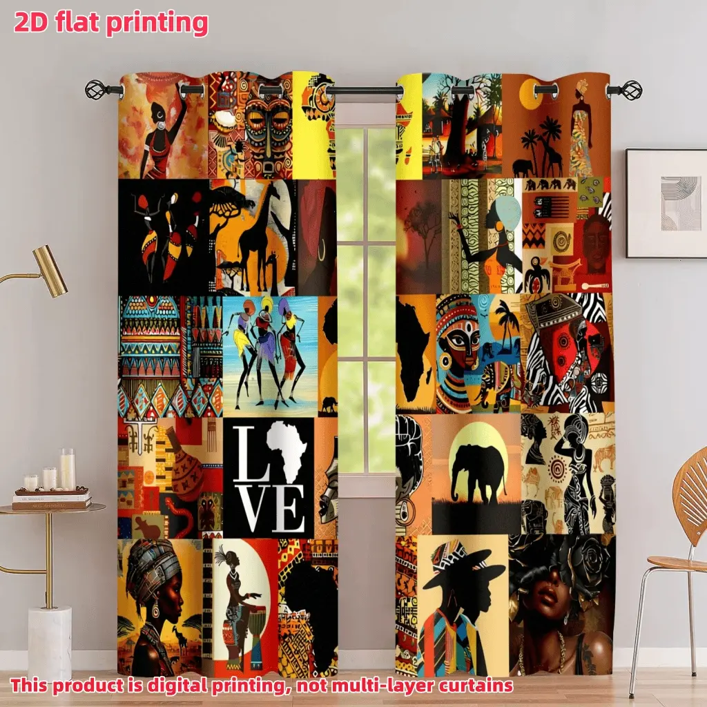 2D Flat 2Pcs African Cultural Art Abstract Print Semi-Sheer Window Curtains, with Loops, Perforated Design, for Living Room, Bedroom, Balcony, Kitchen, Study and Shower Decoration, Accessory, Anti Privacy.