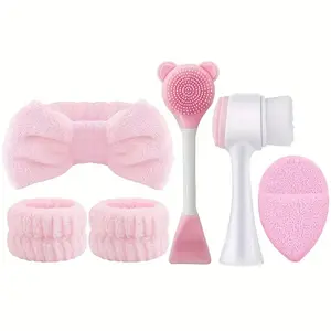 6pcs Facial Cleansing Set, Bow Spa Headband Wristbands, Silicone Bear Brush, Face Cleaning Brush, Sponge, Daily Facial Care