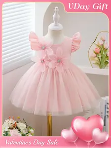 Baby girl summer cute dress, sweet pink flower princess style, baby girl pink mesh dress, three-dimensional flowers+flying sleeves+diamond embellishment, Valentine's Day gift, baby girl birthday gift, suitable for parties, school outfits, Toddler Outfit