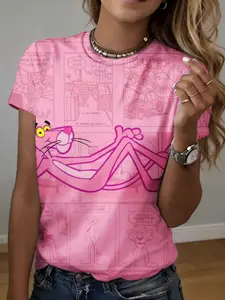 women's short sleeve T-shirt Fitted Pink Panther Comic Strip Pattern Print 3D full-frame printing spring and summer fashion trend exercise women's soccer jersey Solid Color Versatile Festival Fashion Cute Top