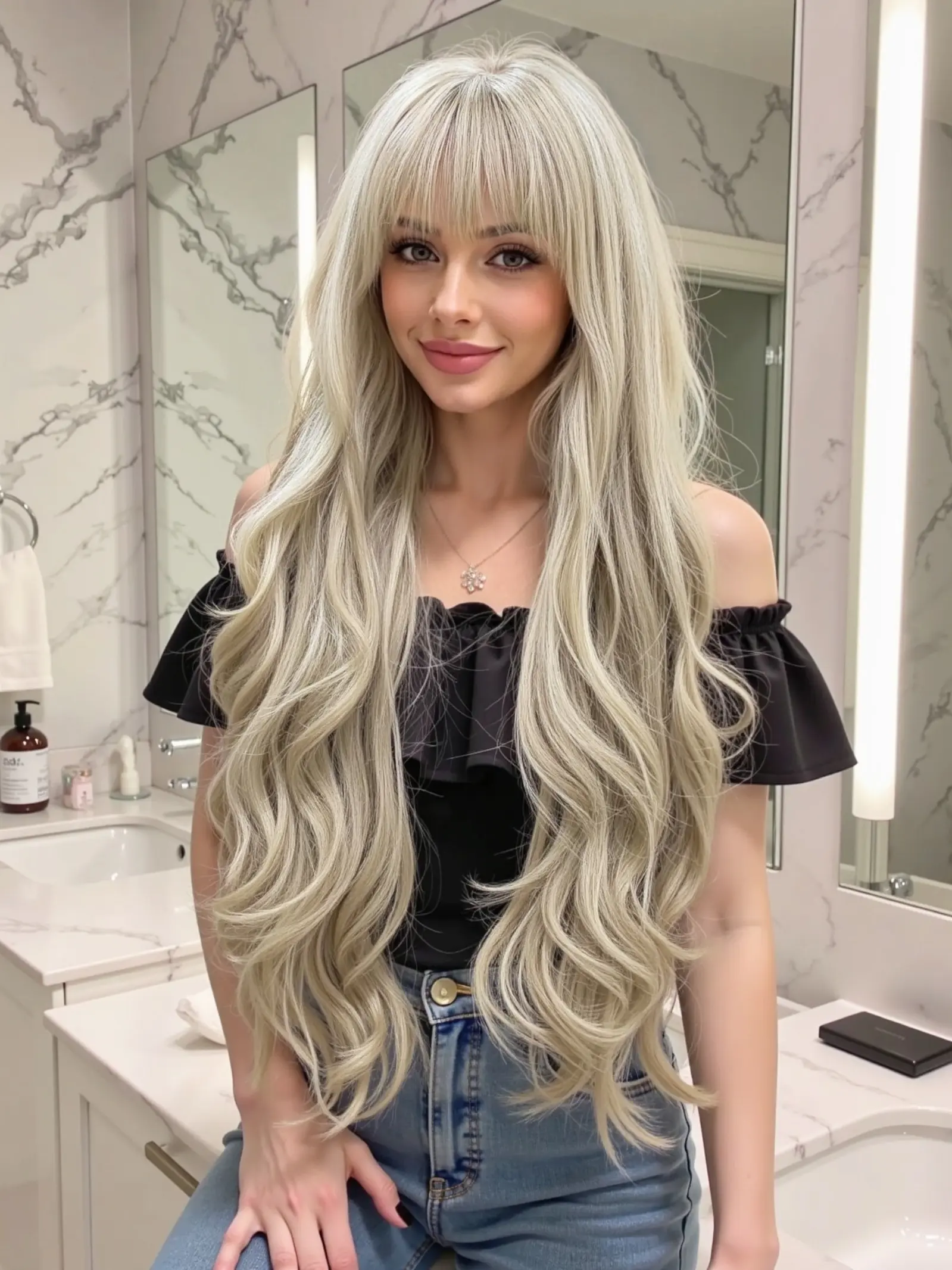30 Inch Platinum Blonde Long Wavy Wig with Bangs, Natural Heat Resistant Synthetic Soft Wigs, Loose Wave & Full Bangs for Women, Synthetic Smooth Wig
