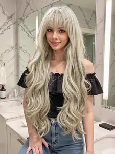 30 Inch Platinum Blonde Long Wavy Wig with Bangs, Natural Heat Resistant Synthetic Soft Hair, Loose Wave & Full Bangs for Women