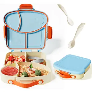 Kids Bento Lunch Box, Toast Shaped 4-Compartment 31OZ Container with Sauce Cup & Utensils (Ages 3+) Leak-Proof, Drop-Proof, Dishwasher Safe | BPA-Free Reusable Lunch Box for School, Travel | Blue