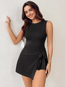Women's Sporty Sleeveless Dress, High Elasticity Slim-Fit, Above Knee, Plain Pattern, Ideal for Yoga, Running, Beach, Daily Wear