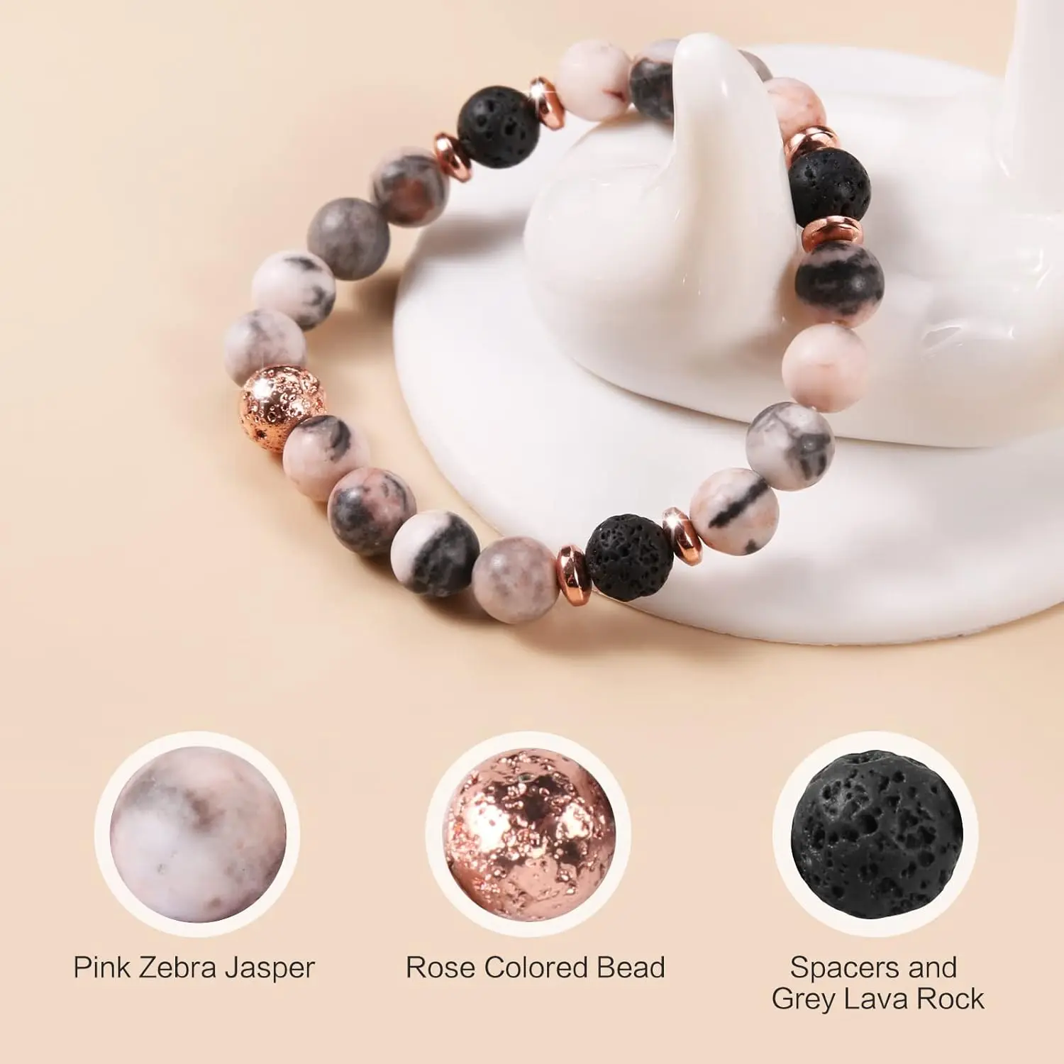 Healing Bracelet for Women, Anxiety Stress Relief Lava Rock Essential Oil Pink Crystal Stone Beaded Bracelet, Calming Spiritual Mood Rose Quartz Bead Stretch Bracelets