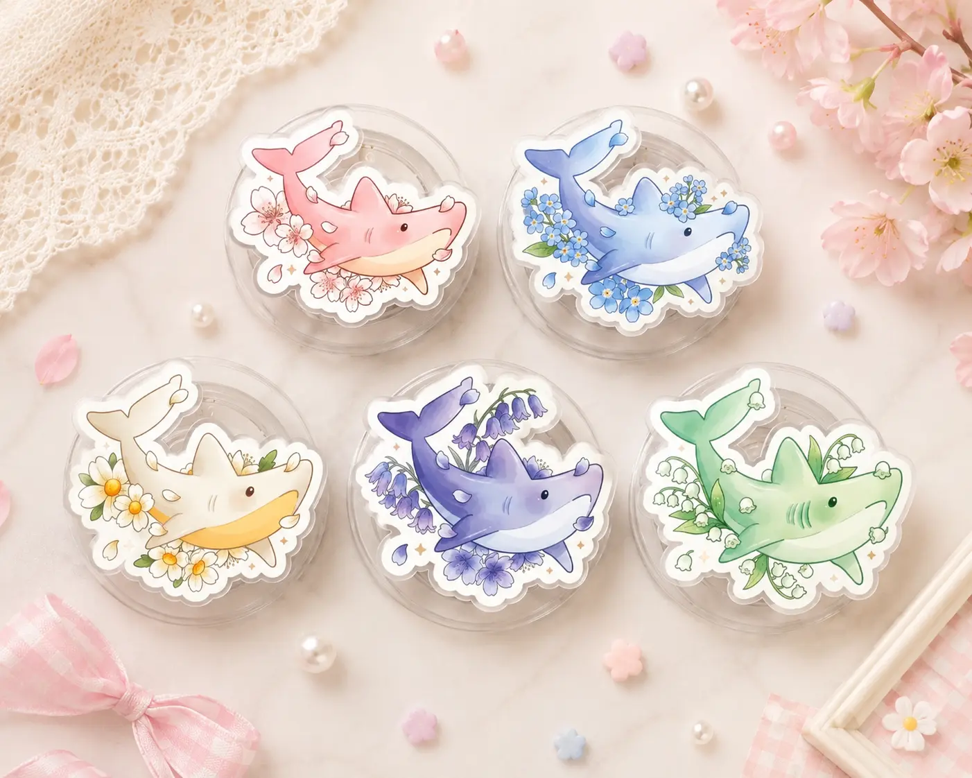 Cute Floral Shark MagSafe Phone Grip, Ocean Animal Acrylic Phone Accessory, Sakura Acrylic Kindle Grip, Cute Shark Pop Socket, Cute Gift for Girls