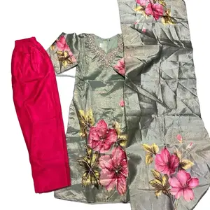 Organza three-piece traditional set  This is a Beautiful Three-Piece Outfit - Includes Floral Design Top with Pink Accents and Matching Bottoms