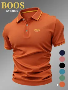 Men's Lb5031 Boss Logo Print Polo Shirt, Fitted Geometric Pattern, Casual Breathable Stretch Fabric, All-Season Comfortable Wear