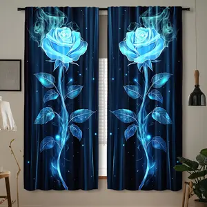 2-Piece set, elegant blue rose print curtains, translucent polyester, black background, rod bag design - ideal for home decoration in living rooms, bedrooms, kitchens and cafes, Christmas Day curtains, Window Curtain