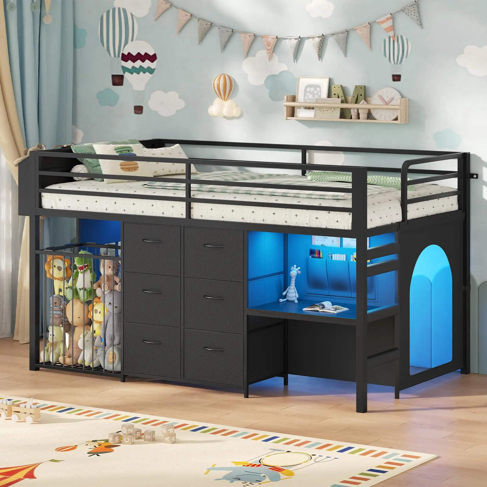Twin Loft Bed with Desk & Stuffed Animal Storage, Twin Size Metal Bed with 6 Storage Drawers, LED Lights, Low Loft Bed with 13" H Safety Guardrail & Play Curtain, Under-Bed Play Space, Black