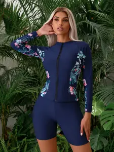 Women's 2-Piece High Stretch Nylon Blend Rash Guard Swimsuit Set, Navy Blue Floral Prints, Long Sleeve Zip Front, for Water Sports