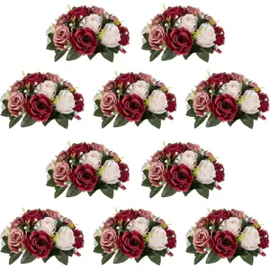 Artificial Flower Centrepieces for Tables - 10 Pcs Burgundy & Dusty Rose & Creamy White Fake Flowers Roses Balls 9.5in Diam - Silk Faux Rose Arrangement for Wedding Party Table Decor