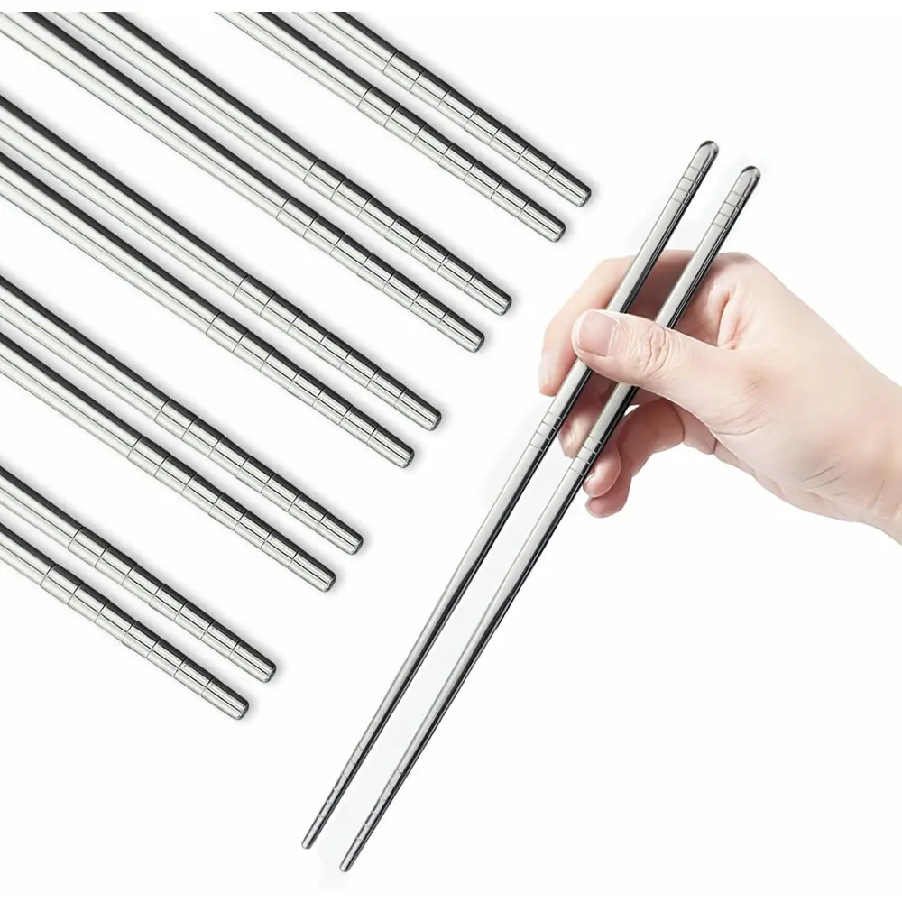 Metal Chopsticks, 5 Pairs 304 Stainless Steel Chopsticks, Lightweight Non-Slip Korean Reusable Chopsticks Dishwasher Safe Gift Set (Silver)