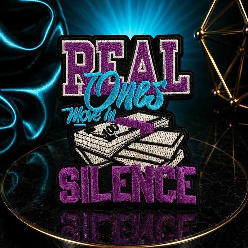 Iron On Patch, Purple "Real Ones Move In Silence" Embroidered Applique for Clothing, Bags, Hats