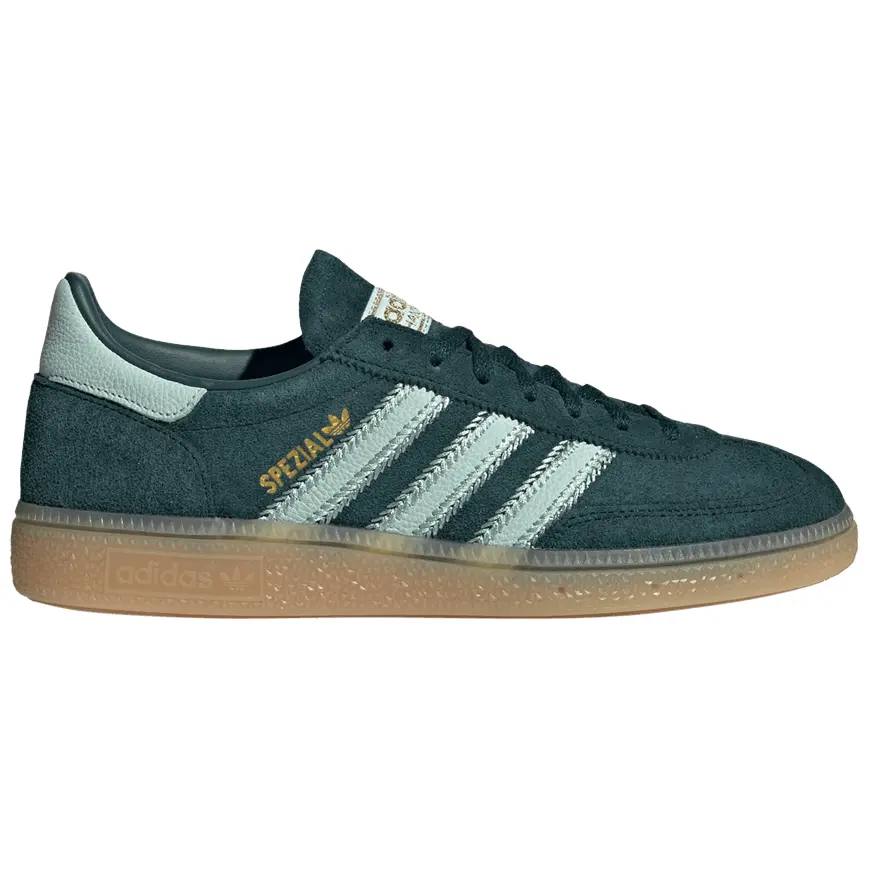 Adidas Originals Women's Retro Handball Spezial Casual Walking Sneakers (JR0847) - Green Minimalist Samba-Style Low-Profile Sports Footwear, Lace Closure, Hand-Stitched Stripes, Suede Upper, Gum Sole, Transit