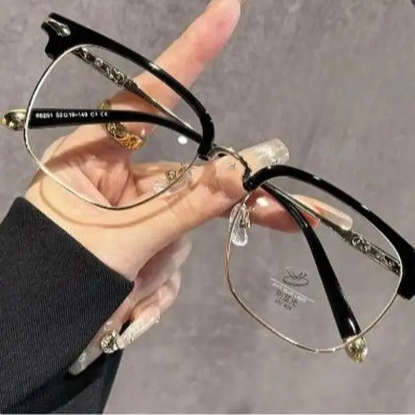 Vintage Gothic Blue Light Glasses, Browline Cross Carved Frames for Women, Stylish Computer Eyewear for Work & Daily Wear