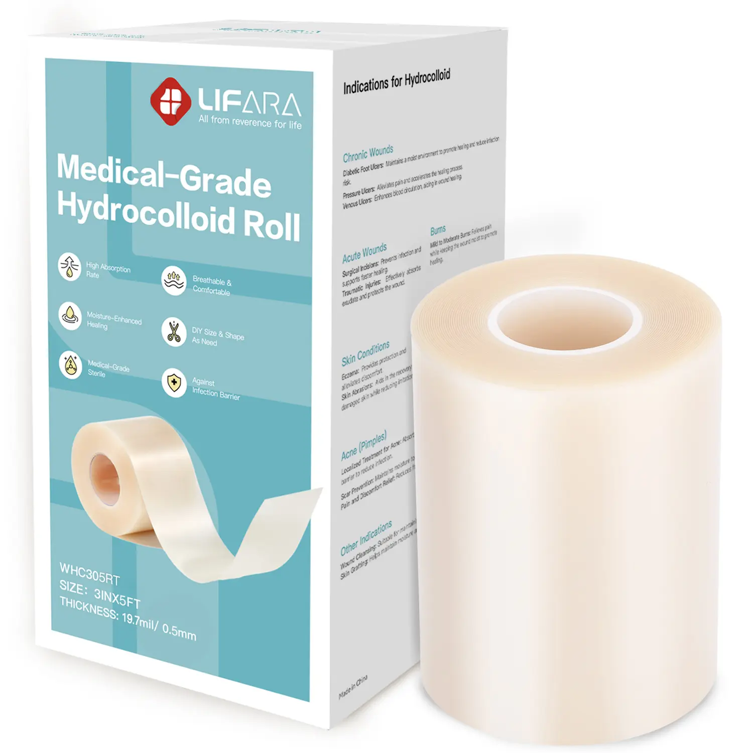 LIFARA Hydrocolloid Wound Care Roll - 3in*5ft Customizable Self-Adhesive Bandage Tape, 19.7mil/0.5mm Thick, Ultra-Absorbent, Absorbs Fluid, Flexible, Waterproof First Aid Essential for Sticky Bio-Colloid Plasters & Dressing Supplies, Adhesive Bandage Tape