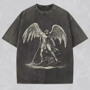 Archangel Michael Vintage Washed Denim Style T-Shirt, Christian Streetwear Religious Faith Apparel, Comfort Cotton Tee, Catholic Church Wear, High Quality Religious Gift for Him & Her