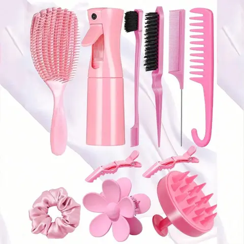 Hair Styling Detangler Comb Set for Girls, Tangle-Free Detangling Brush with Spray Bottle, Hair Clips & Scalp Massager, Heatless Styling Tools for Travel, Sports, Office and School, Straightening Comb