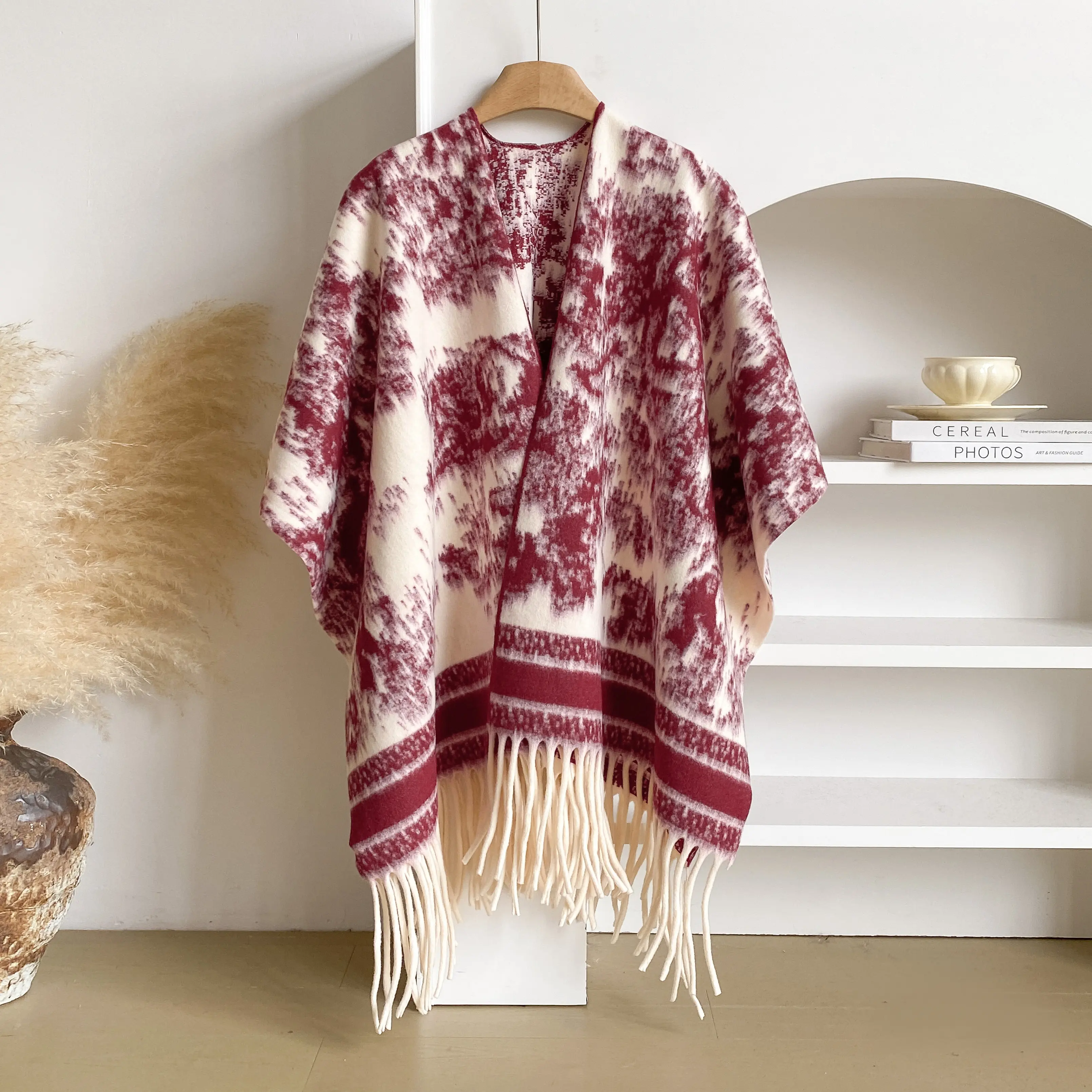 Ladies Artistic Floral Tie Dye Style Poncho Reversible Open Front Fringe Shawl Cape Versatile Fall Winter Outer Cover Up