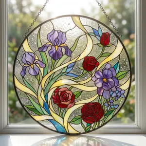 Glass rose-shaped window ornaments, handcrafted roses and irises, custom-made for home decoration, elegant spring art, gifts, souvenirs, and decorative accents for your home.