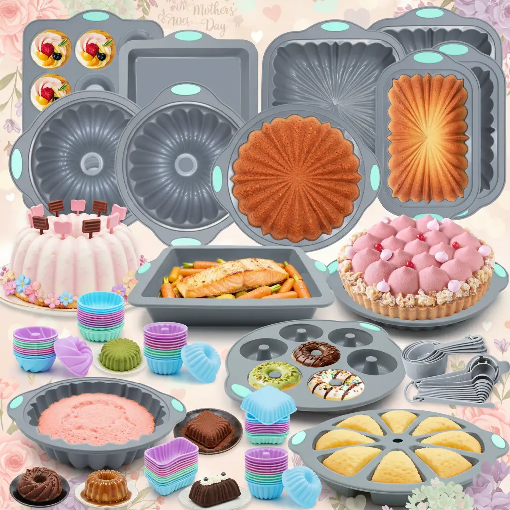 120/69/51 Pieces，Silicone Baking Set, Non-Stick Baking Pan Set, includes cake molds and muffin cups, food-grade silicone baking molds, suitable for cakes, bread, muffins, brownies, cookies, and Mother's Day