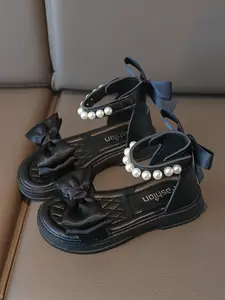 Butterfly Pearl Sandals with Bow, Thick Sole Casual Summer Shoes for Girls, Butterfly Pattern Pearl Accents Elegant Outing Footwear