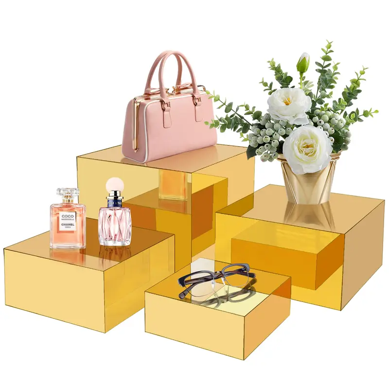 4PCS Gold Mirrored Stable Food Risers - Durable Decorations Supplies, Square Cake Display Dessert Stand Set, Cube Tiered Organizer Racks & Displays, Space-Saving Home Countertop Holder for Food Beverage Jewelry