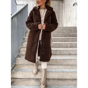 Women’s Brown Teddy Fleece Long Coat – Lapel Collar, Button Front, Warm Plush Fabric, Available in Multiple Sizes (S–3XL), Perfect for Autumn/Winter Casual Outings and Special Events, Elegant Cold-Weather Outerwear