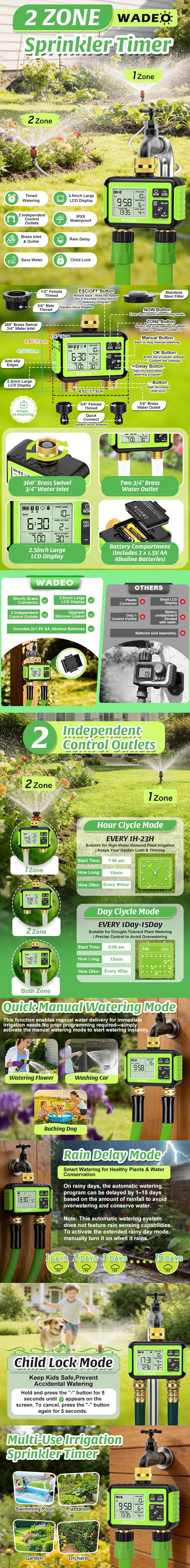 Sprinkler Timer with Brass Inlet Outlet for Garden Hose, Outdoor 2 Zone Water Hose Timer with Rain Delay/Auto/Manual/Child Lock, Rainpoint Drip Irrigation Controller for Lawn Yard Garden Watering