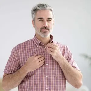 Orange Plaid Short Sleeve Button Down Collar Shirt with Magnetic Closures