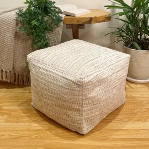 Unstuffed Ottoman, Cozy & Bohemian Pouf Covers, Hand Crafted Casual Seating Footrest Square Floor Pillow for Home Office Bedroom Living Room, 16.5" x 16.5"x 12.9", Beige-Off White