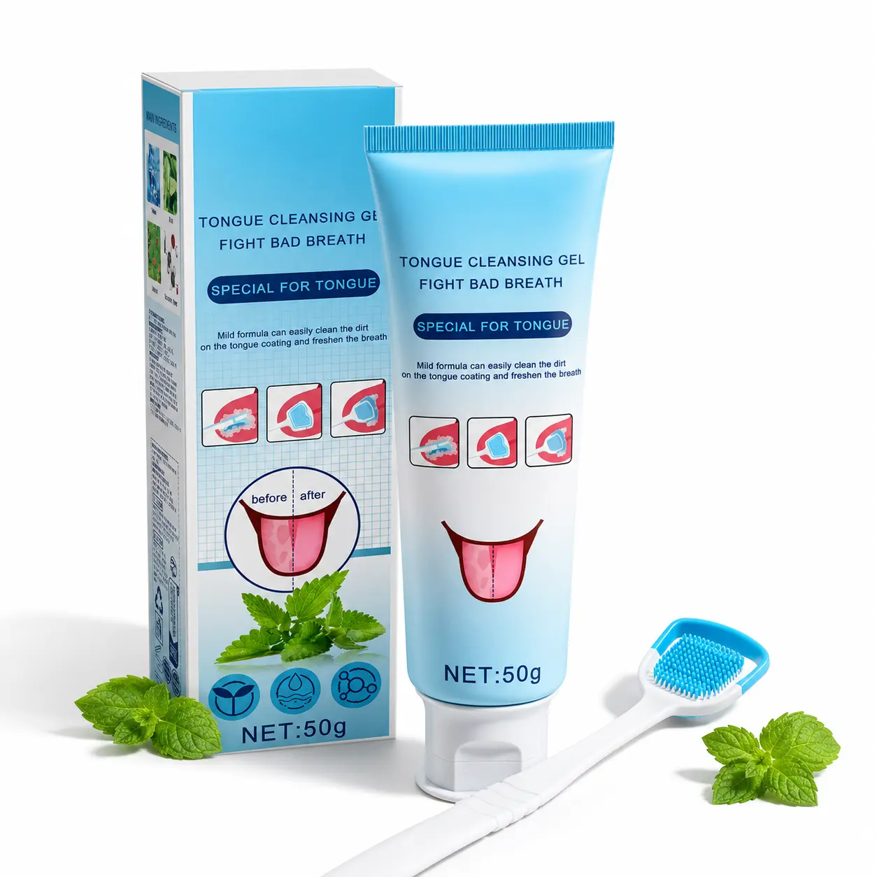 Tongue Cleaning Gel with Brush, Pro Tongue Scraper Kit for Deep Oral Care, Bad Breath Control & Instant Minty Fresh Breath