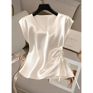 Elegant women’s V-neck sleeveless vest; satin silk evening gown; pleated tie detail; spring–summer casual shirt vest; all-season shirt