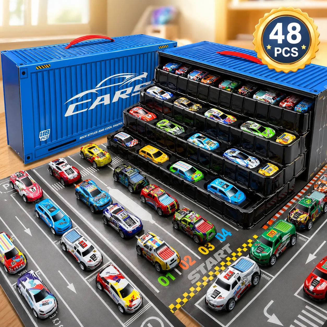 48 PCS Toy Cars Set for Kids, Die Cast Car Toys with Large Storage Case, Parking Garage Playset & Traffic Map Playmat, Portable Car Collection Gift Box for Boys Girls