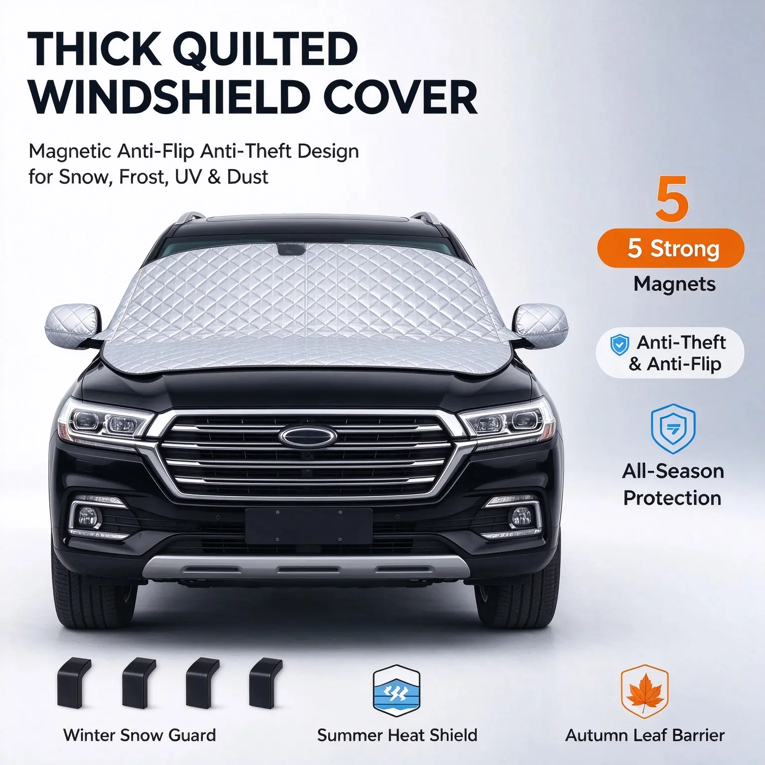 Thick Quilted Car Windshield Cover with Built-in Magnetic Strips & Mirror Sleeves, Anti-Theft Anti-Flip Waterproof Sun Shield for Cars/SUVs/Trucks, UV Dust Frost Snow Protection, Time-Saving Ice Scraper Alternative #Global Selections
